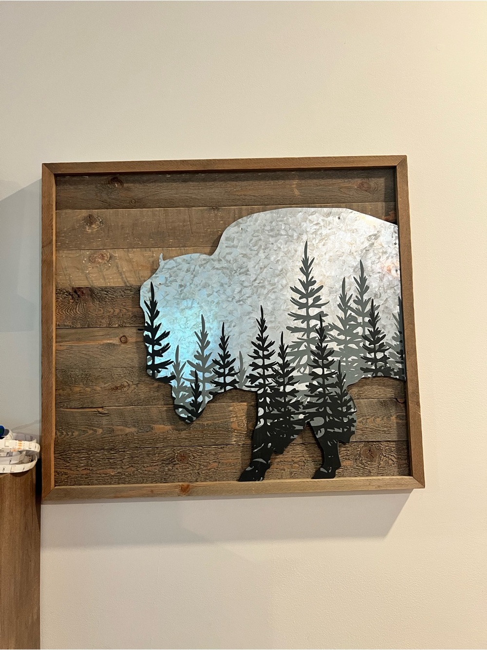 Metal Buffalo Wall Art with Forest Silhouette - Silver and Black wood galvanized